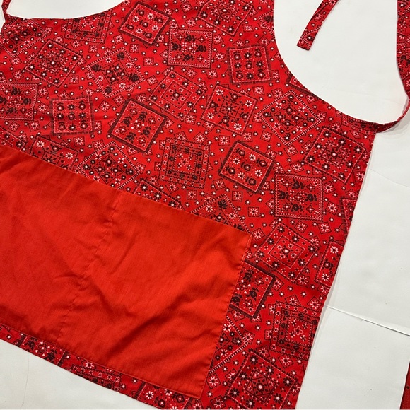 Red Cloth Tie Apron Chef Cooking Pockets Paisley Geometric Print - Picture 10 of 15